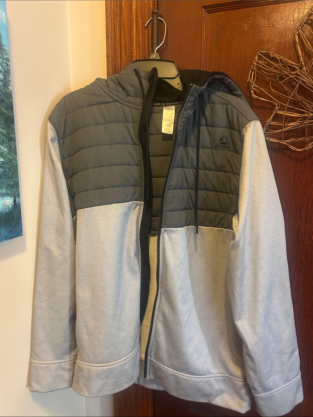 Reebok Men’s Light Gray and Charcoal Quilted Hooded Puffer Jacket